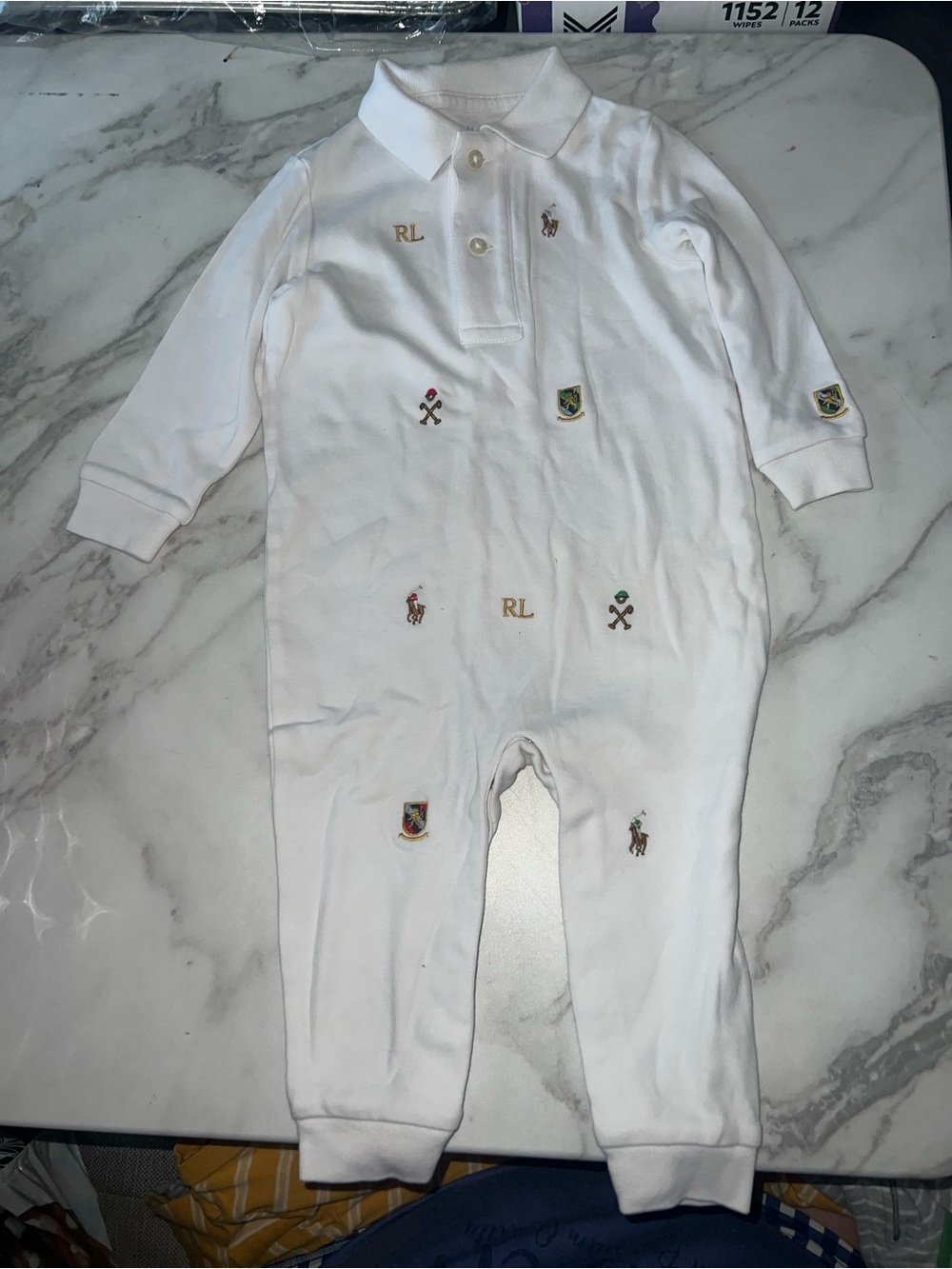 Ralph Lauren White Embroidered Polo Footie One-Piece
